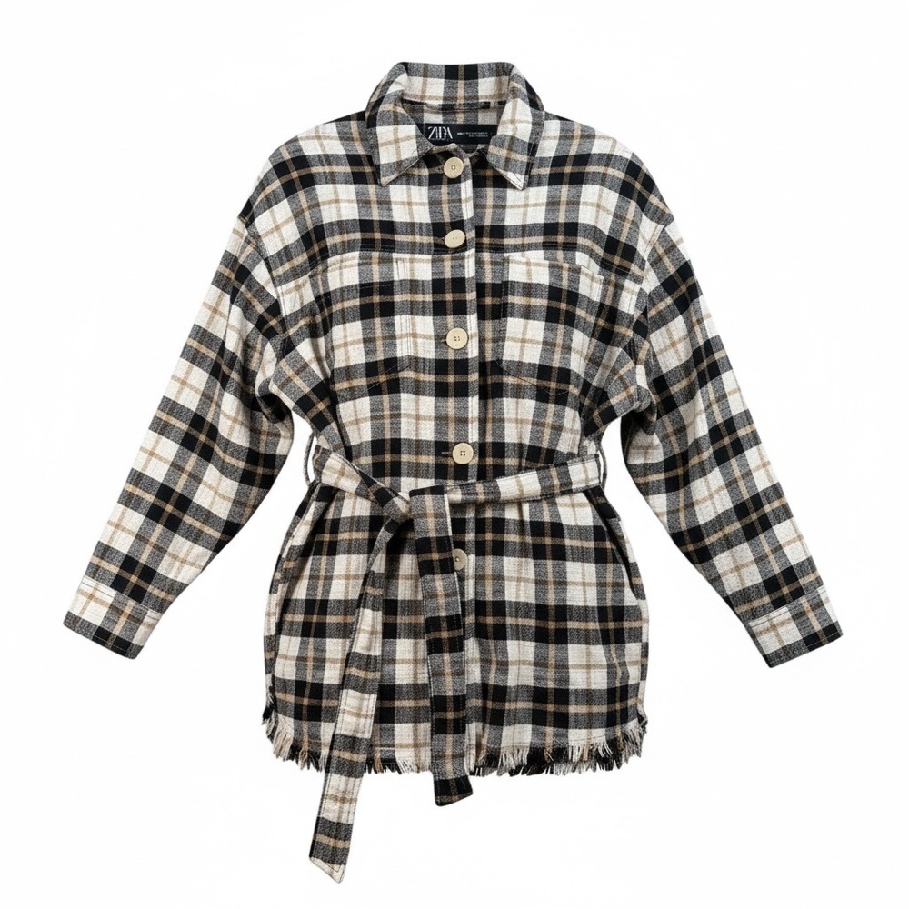 Zara Plaid Belt Shacket Jacket XS Fringe Hem Black Cream Oversized Dark Academia